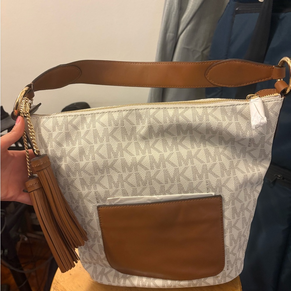 Michael Kors Cream and Tan Shoulder Bag with Tassels